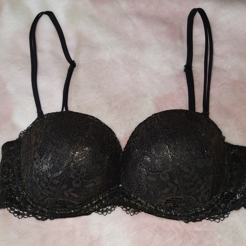 Victoria's secret Gold black lace very sexy strapless Multi-way push up bra 36b